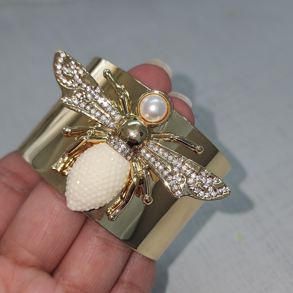 Gold Bee Cuff Bracelet | Pearl & Rhinestone Statement Bracelet | Wide Open Cuff - Picture 4 of 4
